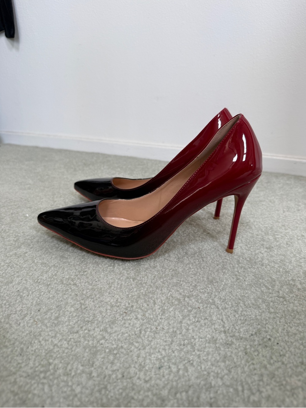 Patent Leather Two-Tone Pointed Toe Stiletto Pumps - Black & Burgundy